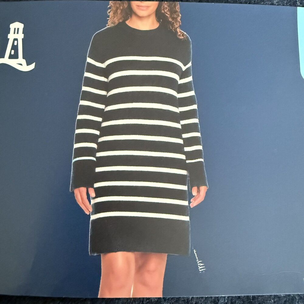NWT Lands' End Crewneck Knit Long Sleeve Navy Cream Sweater Stripe Dress Size L